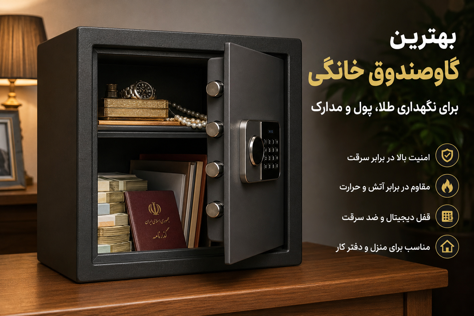 بهترین گاوصندوق خانگی برای نگهداری طلا، پول و مدارک | راهنمای خرید ۱۴۰۵ بهترین گاوصندوق خانگی برای نگهداری طلا، پول و مدارک | راهنمای خرید ۱۴۰۵