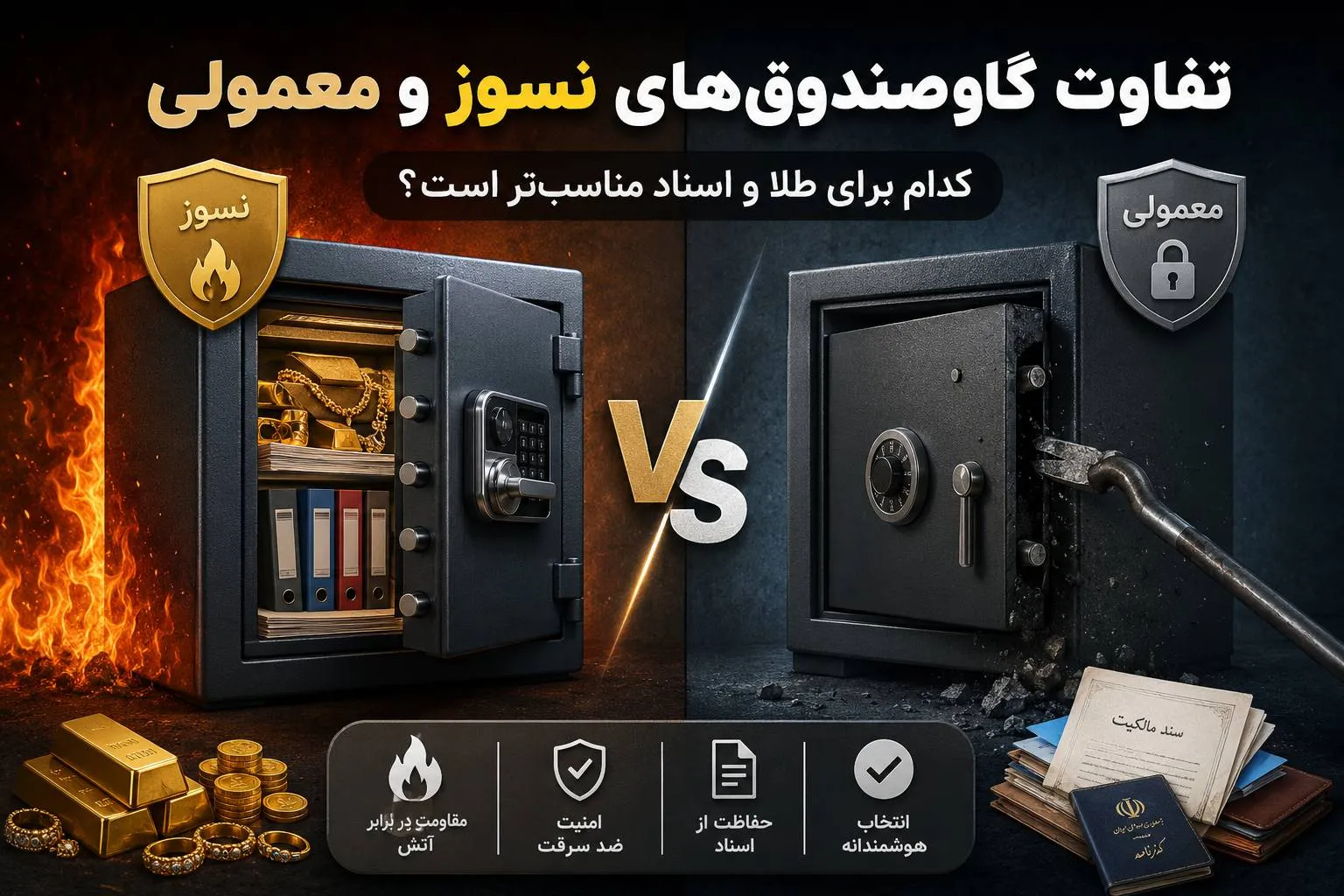 تفاوت گاوصندوقهای نسوز و معمولی؛ کدام برای طلا و اسناد مناسبتر است؟ تفاوت گاوصندوقهای نسوز و معمولی؛ کدام برای طلا و اسناد مناسبتر است؟